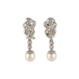 A pair of cultured pearl and diamond earrings