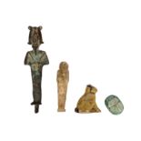 A small Egyptian bronze figure of Osiris, of long flattened form, depicted mummiform, wearing a