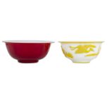 Two Chinese white overlay Peking glass bowls.