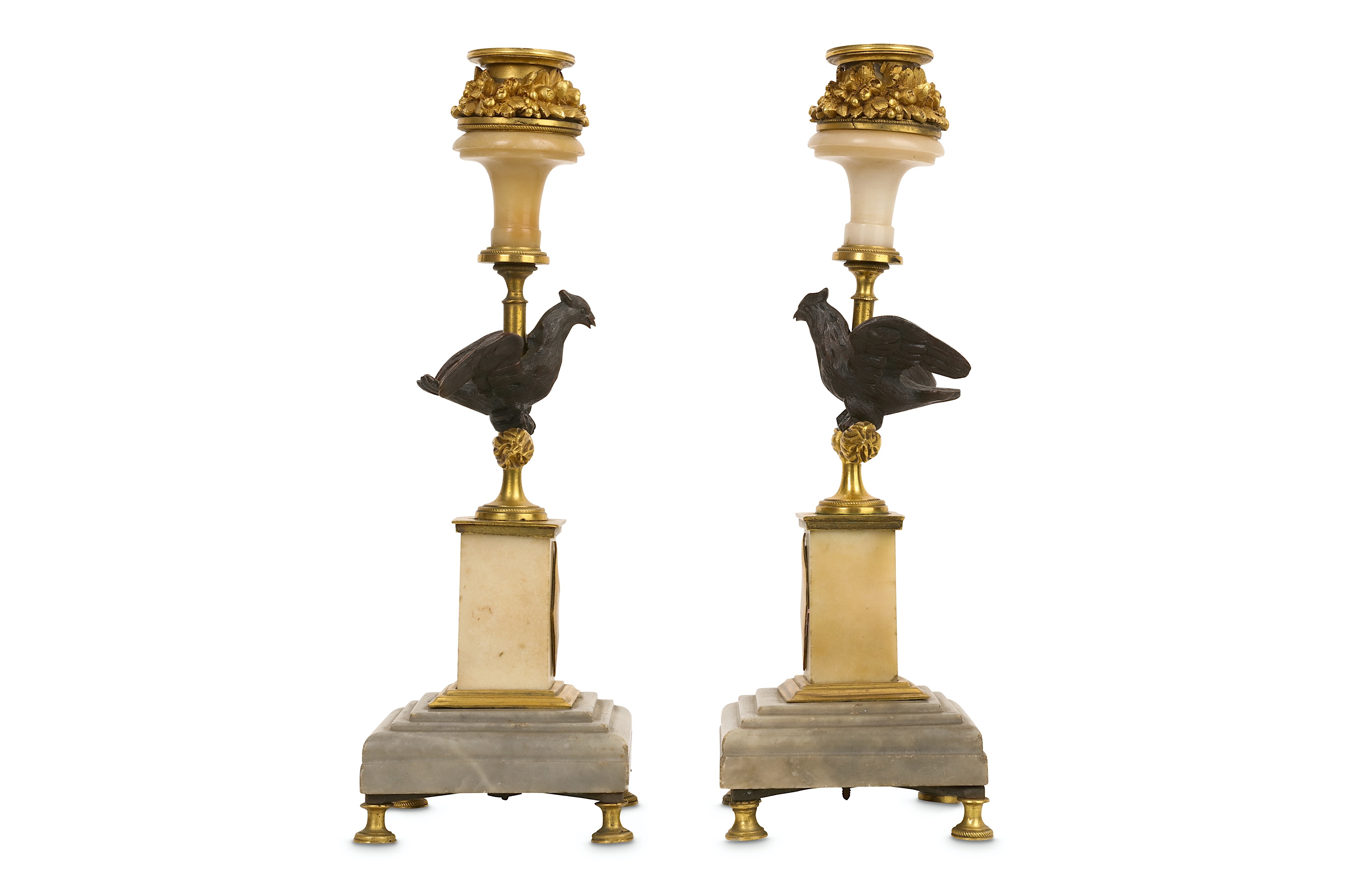 A pair of 19th century gilt and patinated bronze and marblecandlesticks - Image 3 of 6