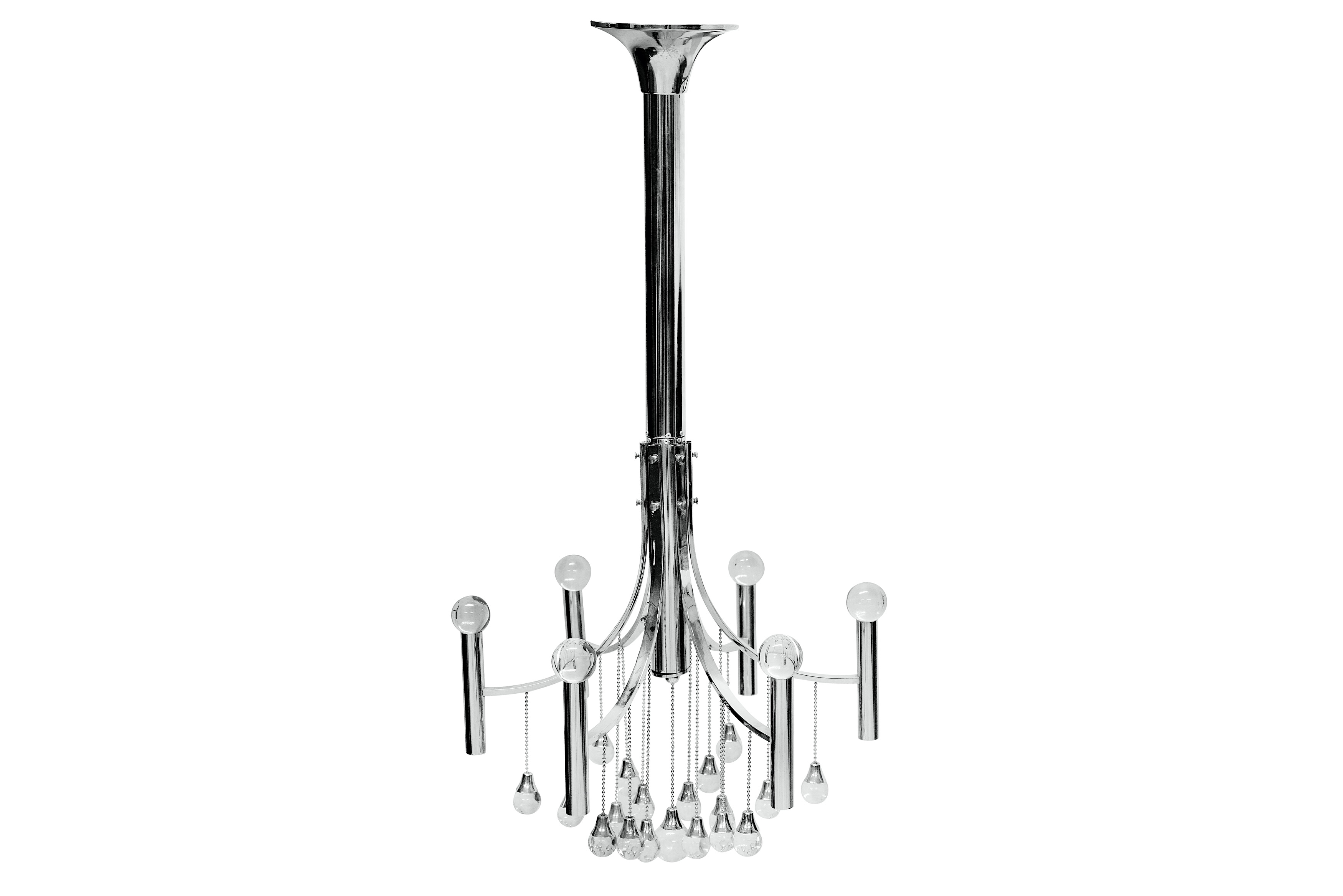 GAETANO SCIOLARI, ITALY: A chandelier, late 60's early 70's, chromed steel, glass, the cylindrical