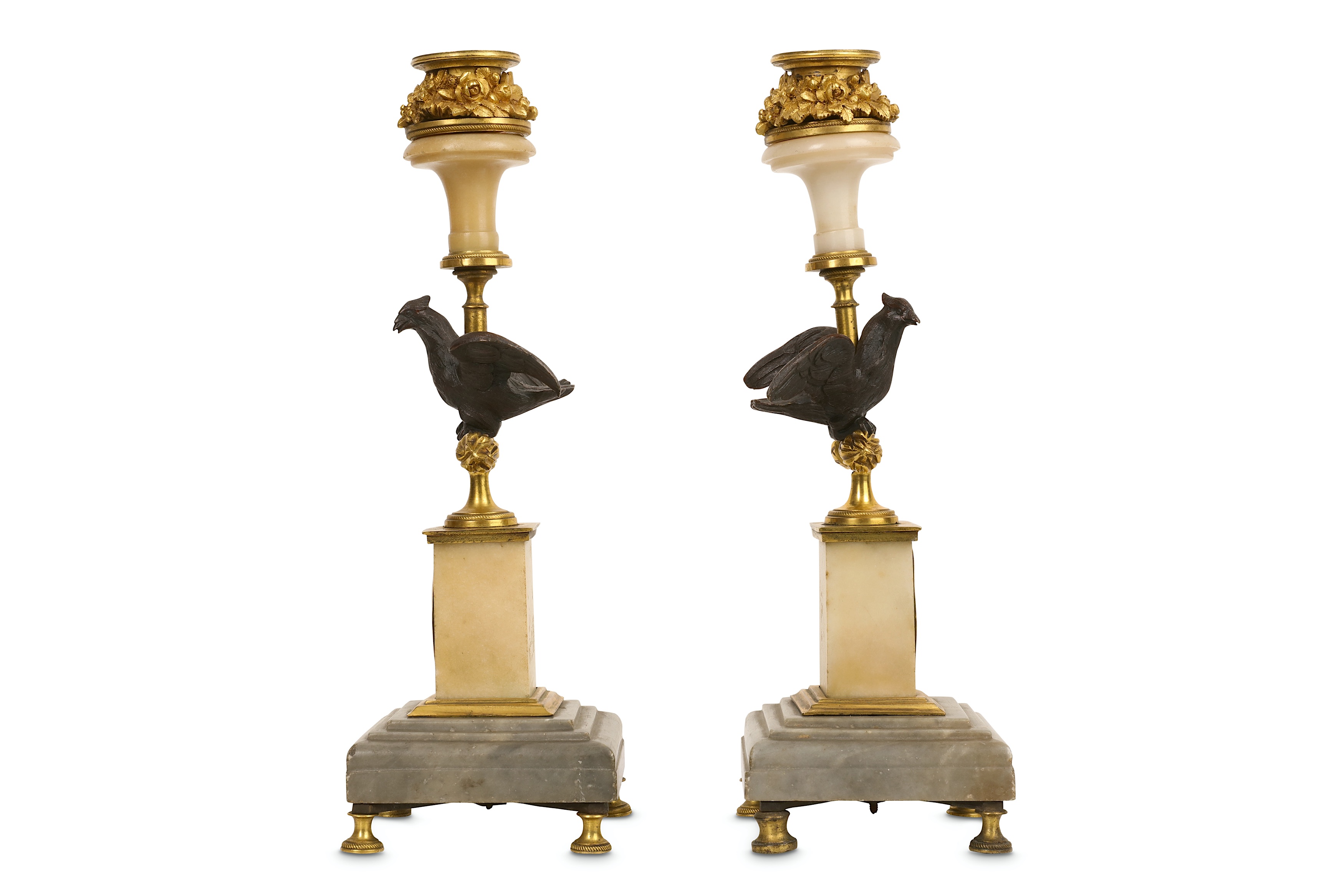 A pair of 19th century gilt and patinated bronze and marblecandlesticks - Image 5 of 6