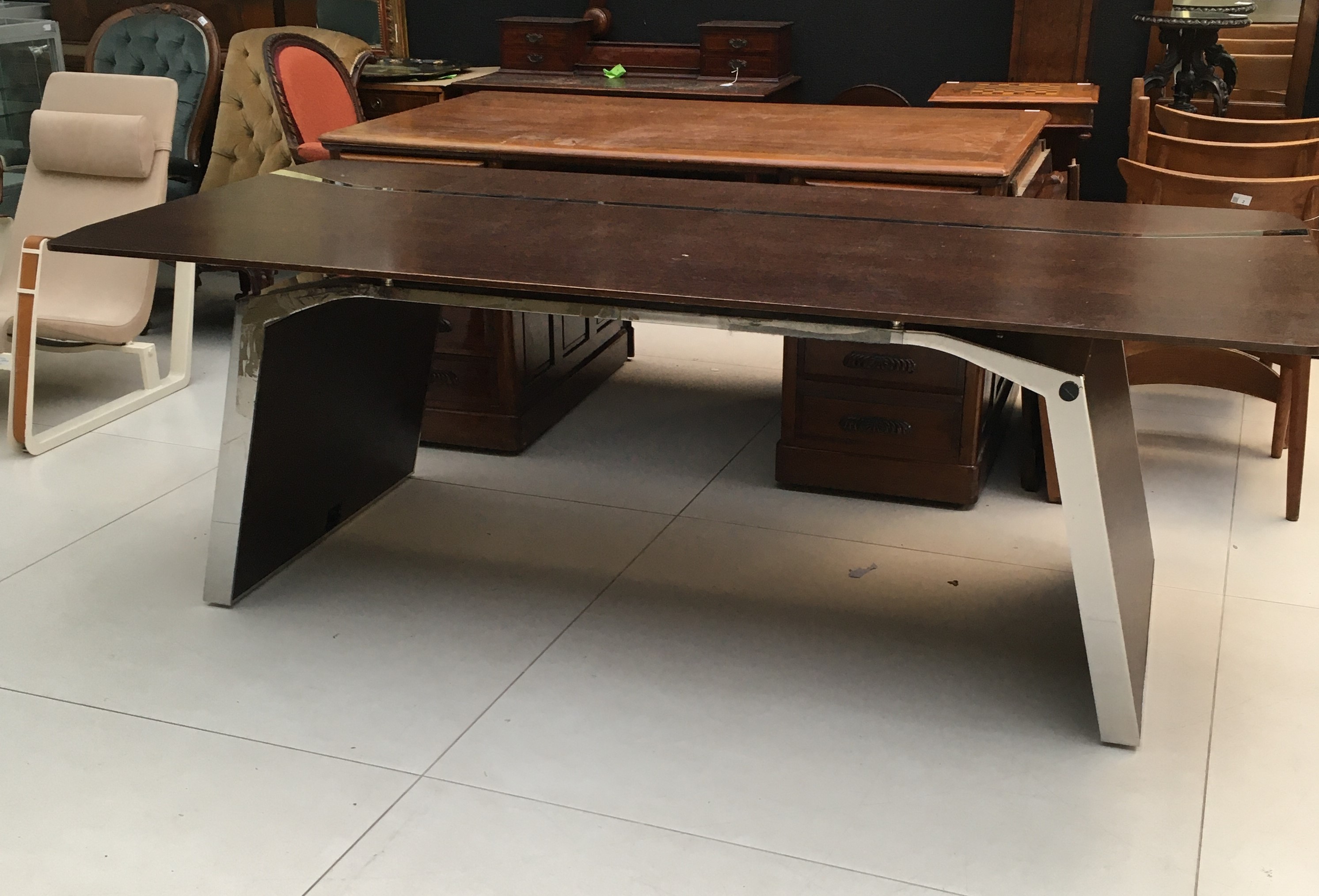 Executive desk, walnut veneer with chrome detailing together with matching console - Image 14 of 14