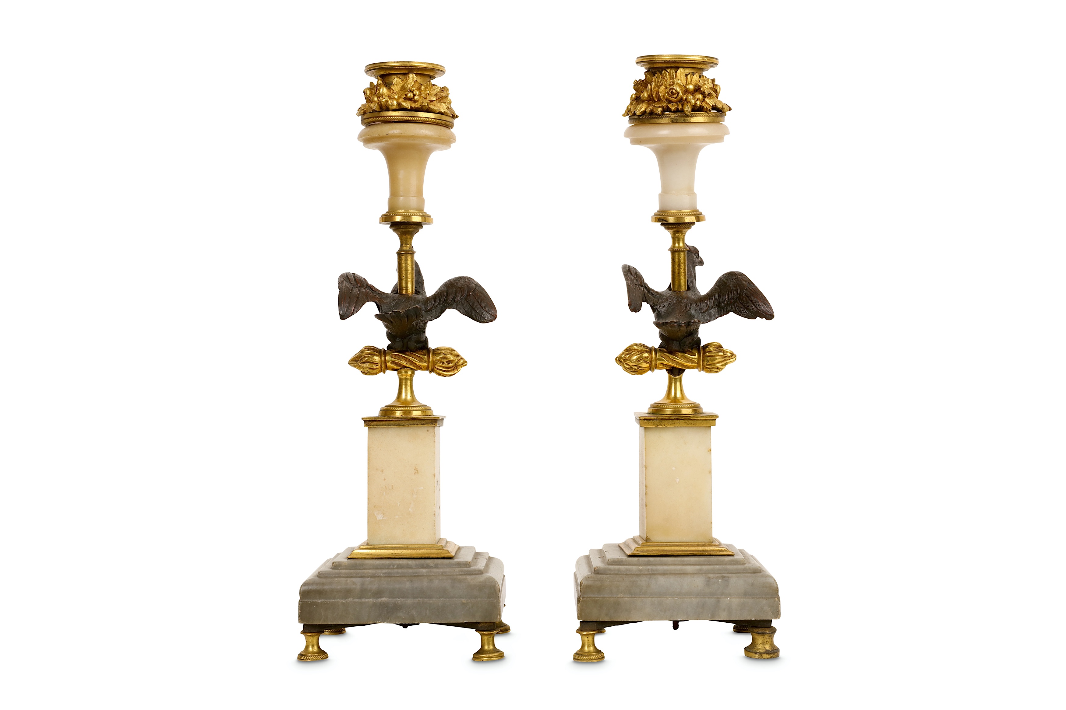 A pair of 19th century gilt and patinated bronze and marblecandlesticks - Image 4 of 6