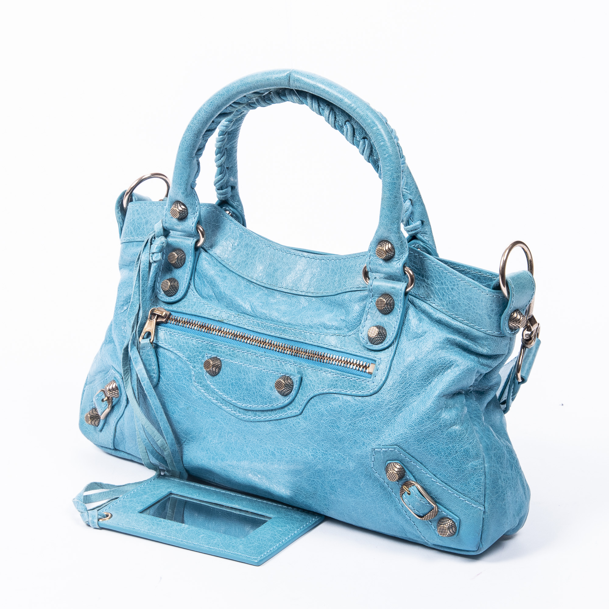 Balenciaga Teal Blue First Bag, gold tone hardware, distressed leather ...