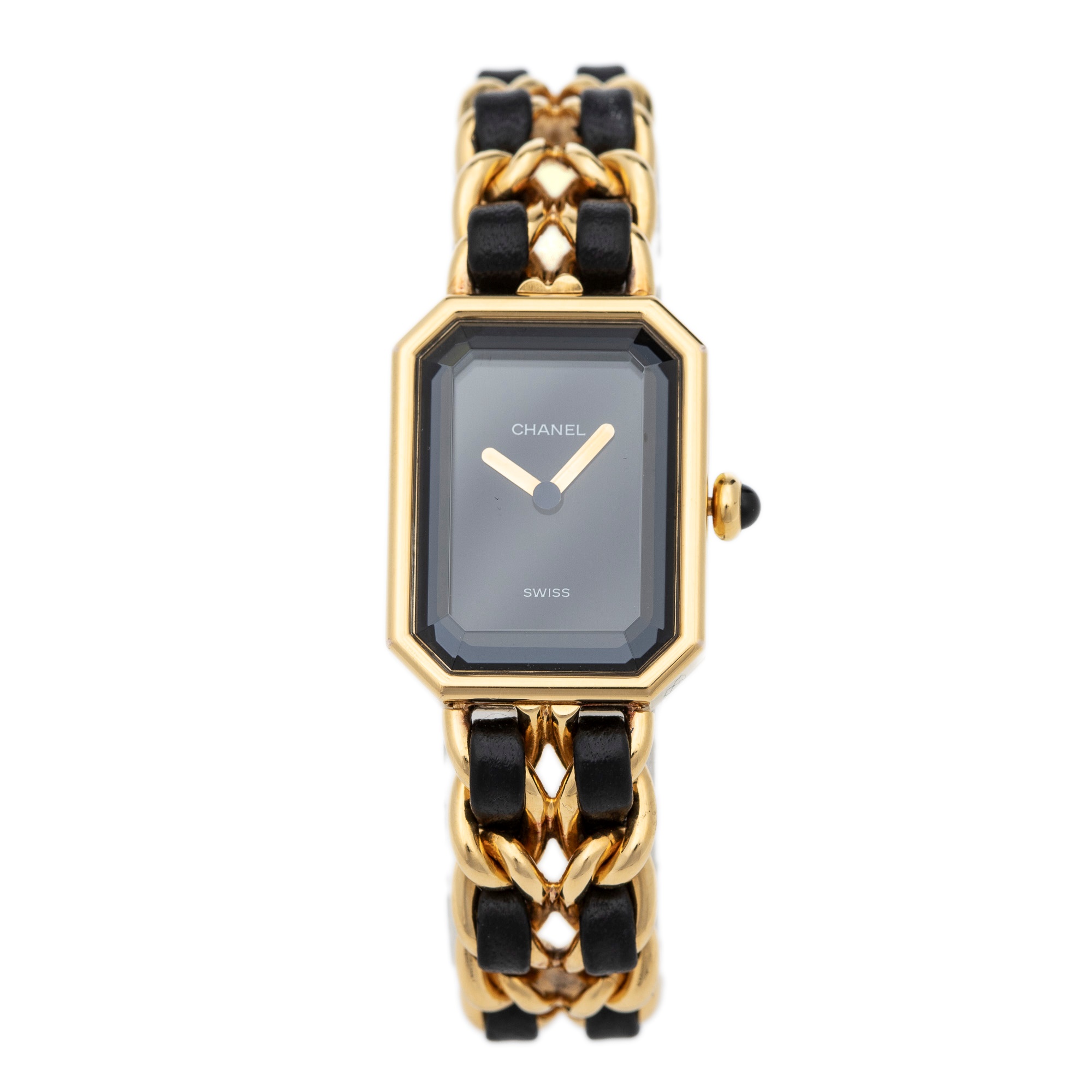 Chanel Premiere Watch, gold plated with black leather woven chain strap ...