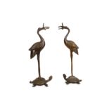 A PAIR OF LATE 19TH / EARLY 20TH CENTURY BRONZE MODELS OF STORKS AND TORTOISES