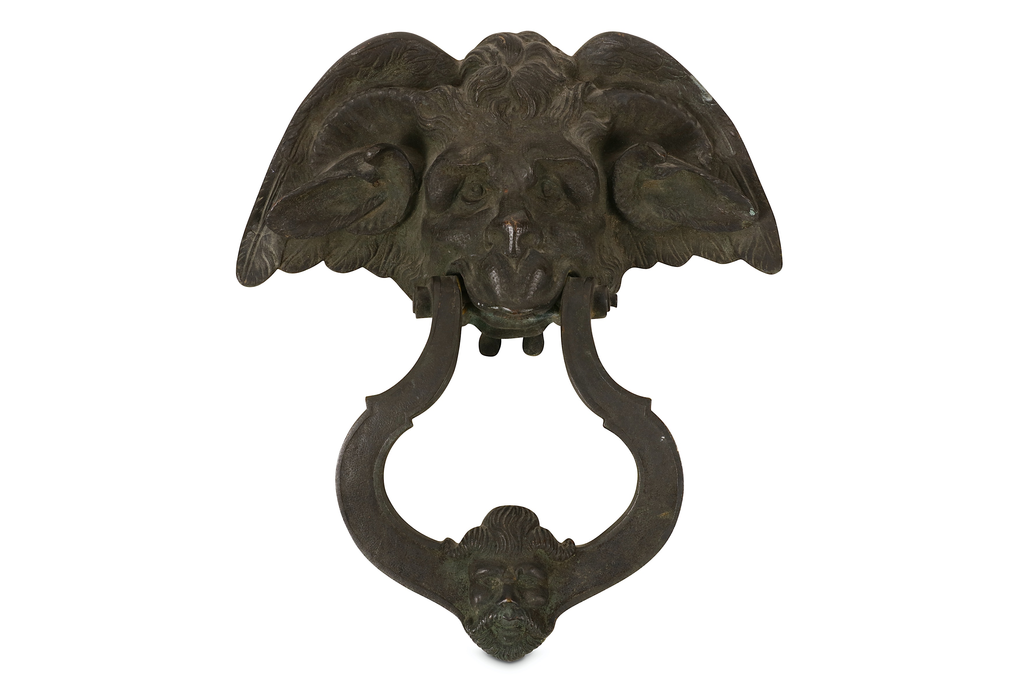 A 19TH CENTURY CAST IRON DOOR KNOCKER MODELLED WITH A DEVIL