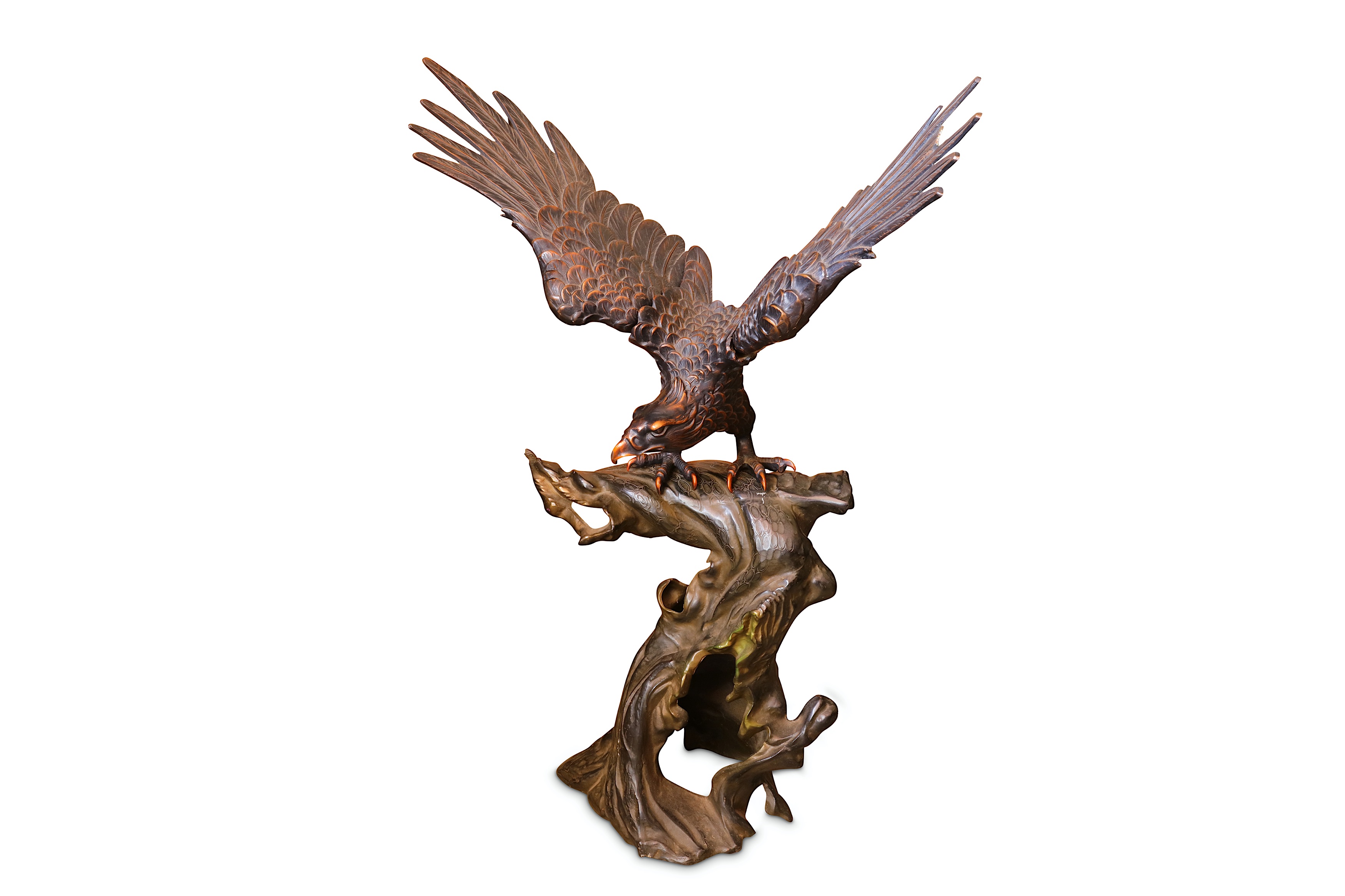 A VERY LARGE BRONZED METAL MODEL OF AN EAGLE