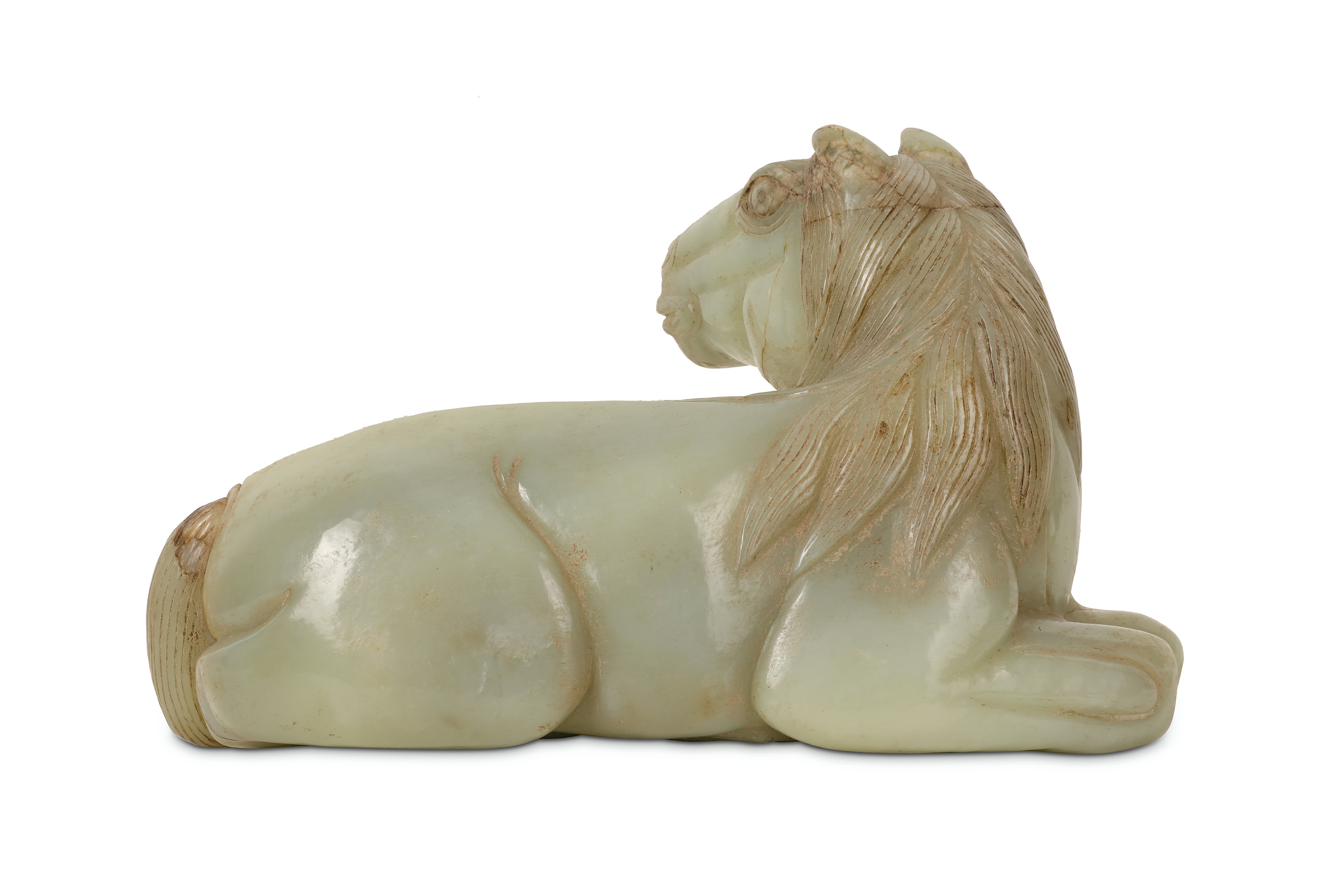 A CHINESE PALE CELADON JADE CARVING OF A RECUMBENT HORSE. - Image 4 of 6