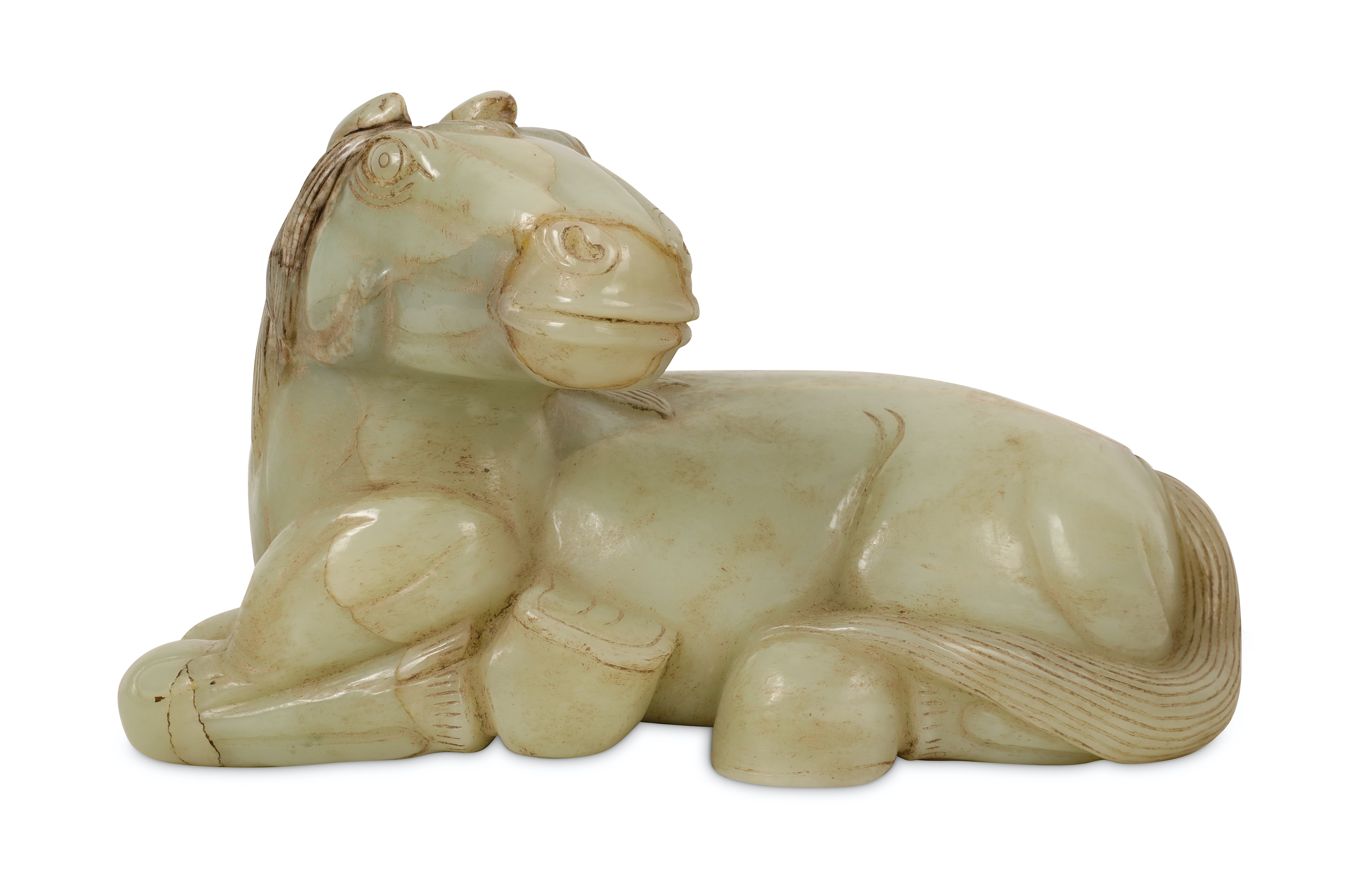 A CHINESE PALE CELADON JADE CARVING OF A RECUMBENT HORSE. - Image 2 of 6