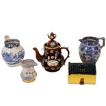 A LATE 19TH CENTURY BARGEWARE TEAPOT TOGETHER WITH FOUR OTHER PIECES