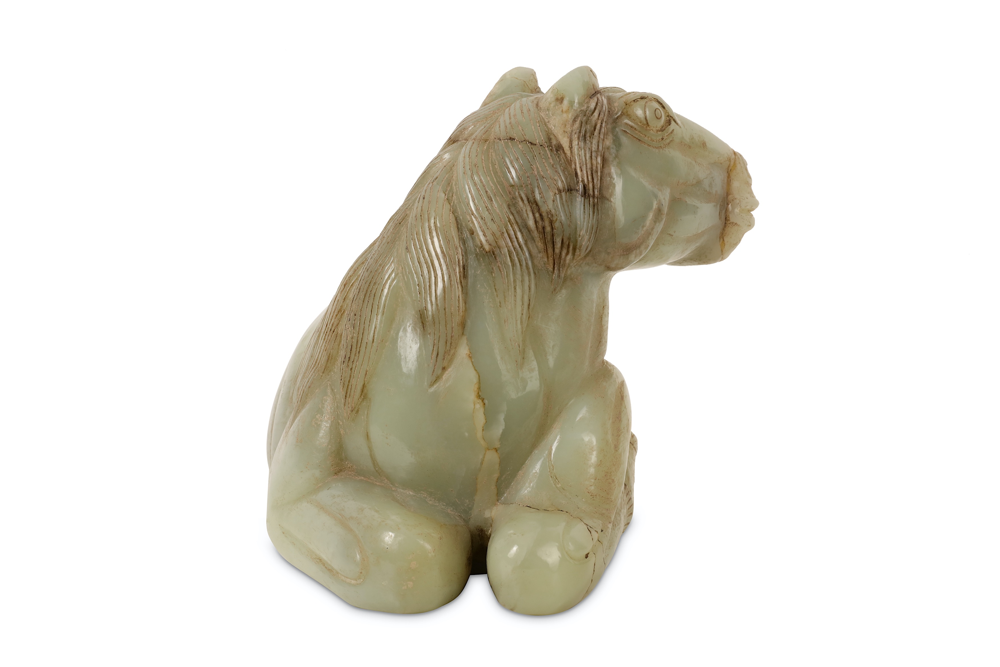 A CHINESE PALE CELADON JADE CARVING OF A RECUMBENT HORSE. - Image 3 of 6