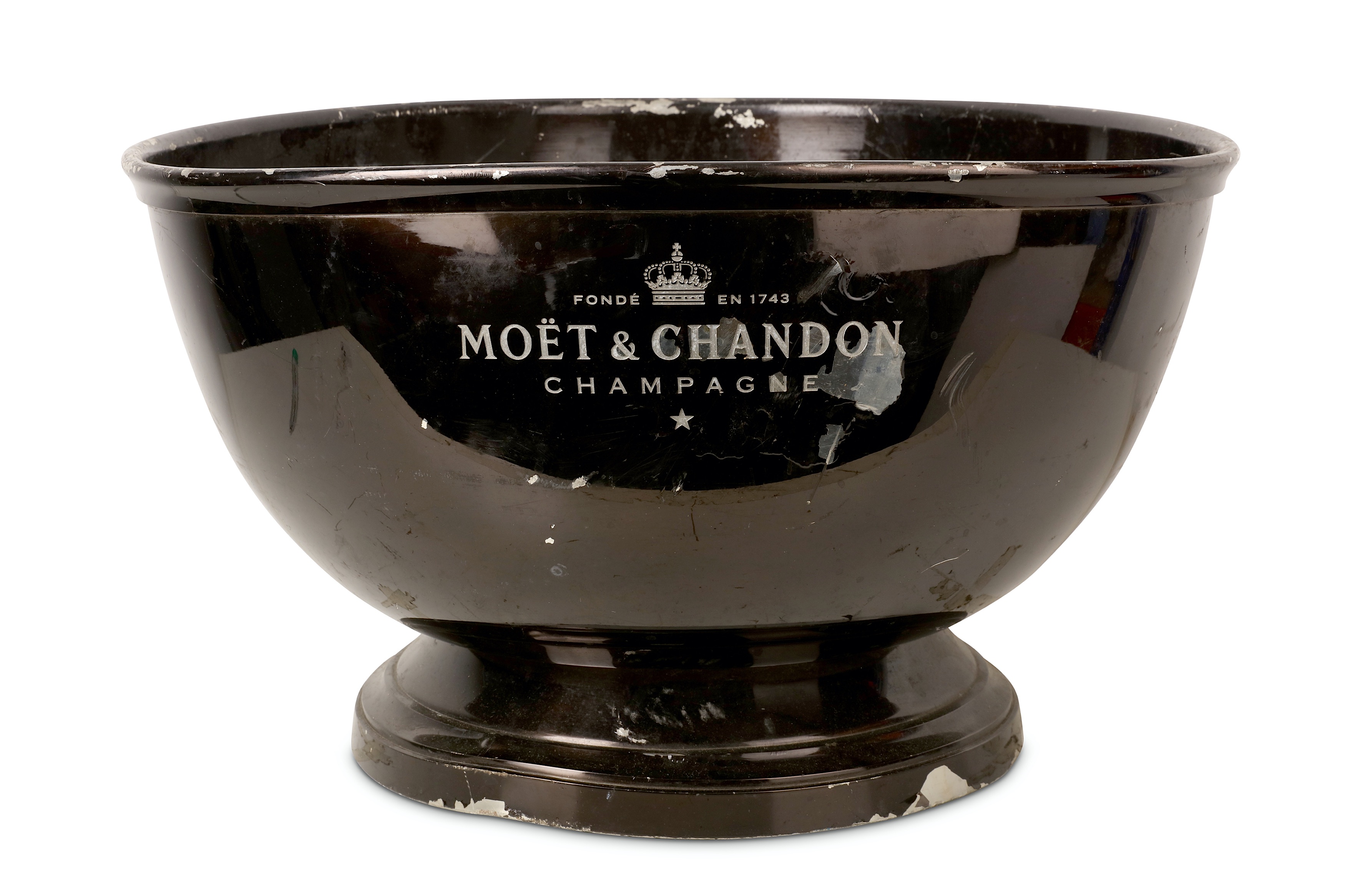 A LARGE MOET AND CHANDON PAINTED AND SILVERED METAL CHAMPAGNE BUCKET