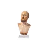 AN 18TH CENTURY NEAPOLITAN CARVED WOOD AND POLYCHROME DECORATED BUST OF A MAN