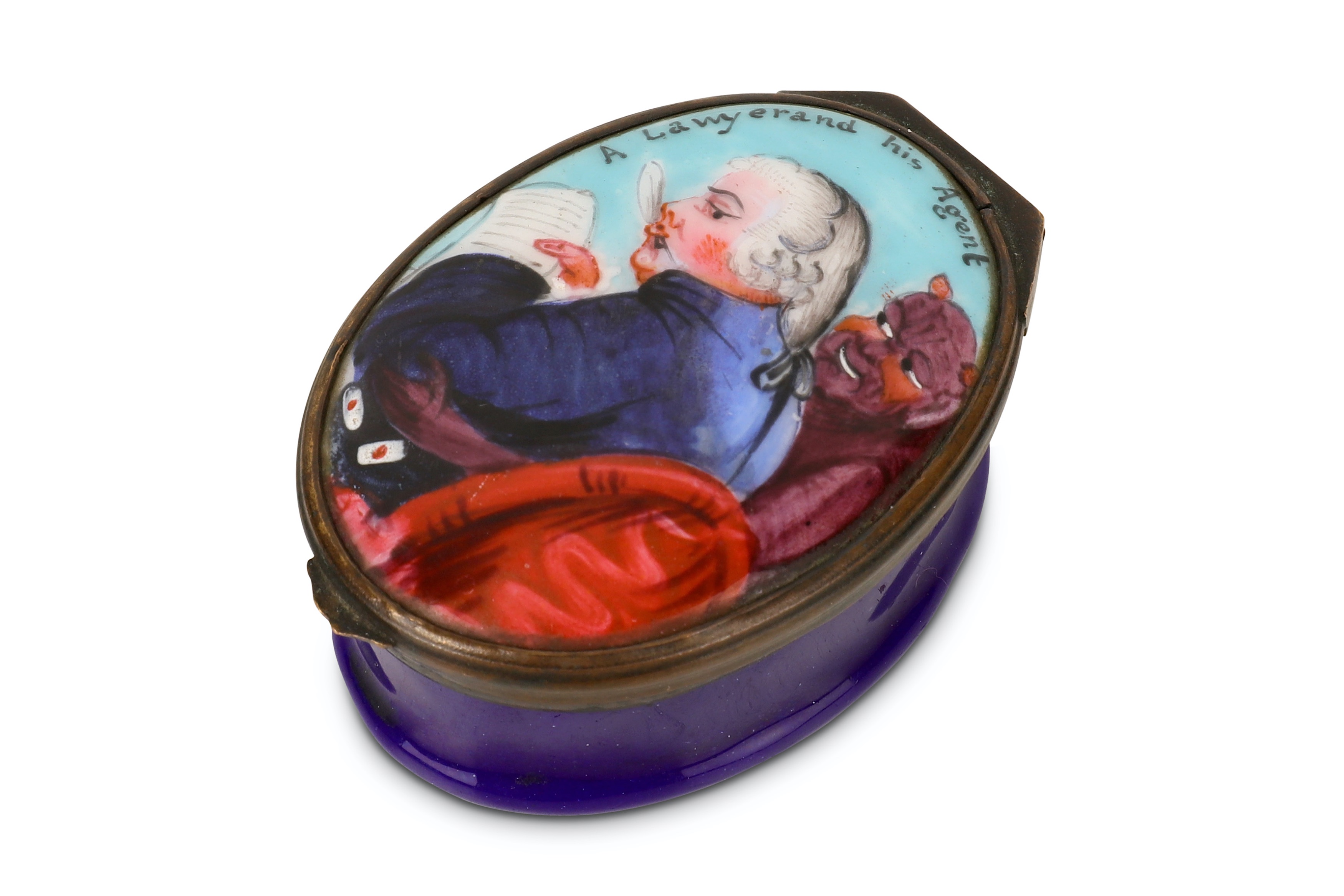 A 19TH CENTURY BATTERSEA ENAMEL SNUFF BOX DEPICTING THE DEVIL