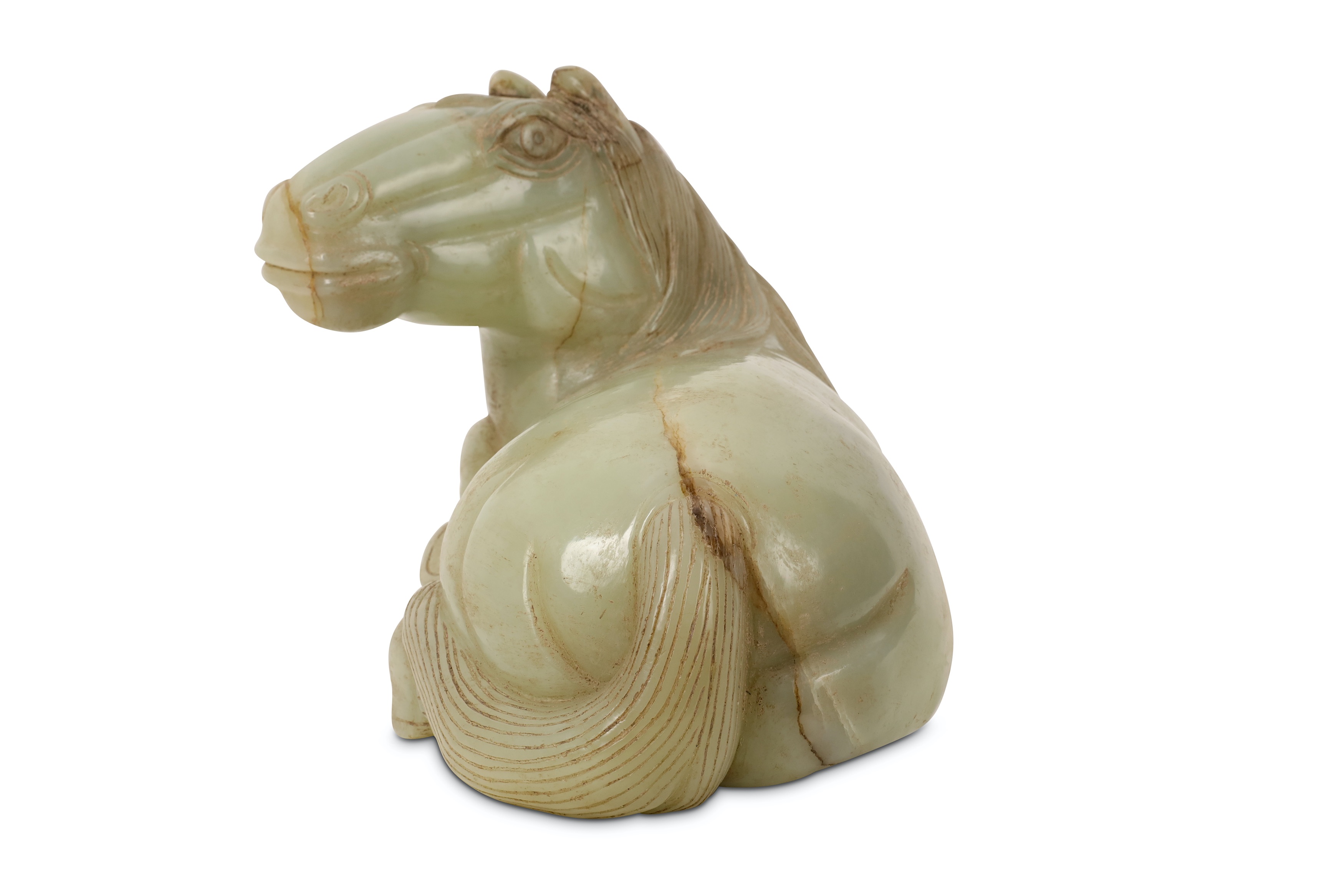 A CHINESE PALE CELADON JADE CARVING OF A RECUMBENT HORSE. - Image 5 of 6