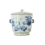 A CHINESE BLUE AND WHITE 'HUNDRED TREASURES' JAR AND COVER.
