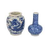 TWO CHINESE BLUE AND WHITE MINIATURE ‘DRAGON’ VASES.