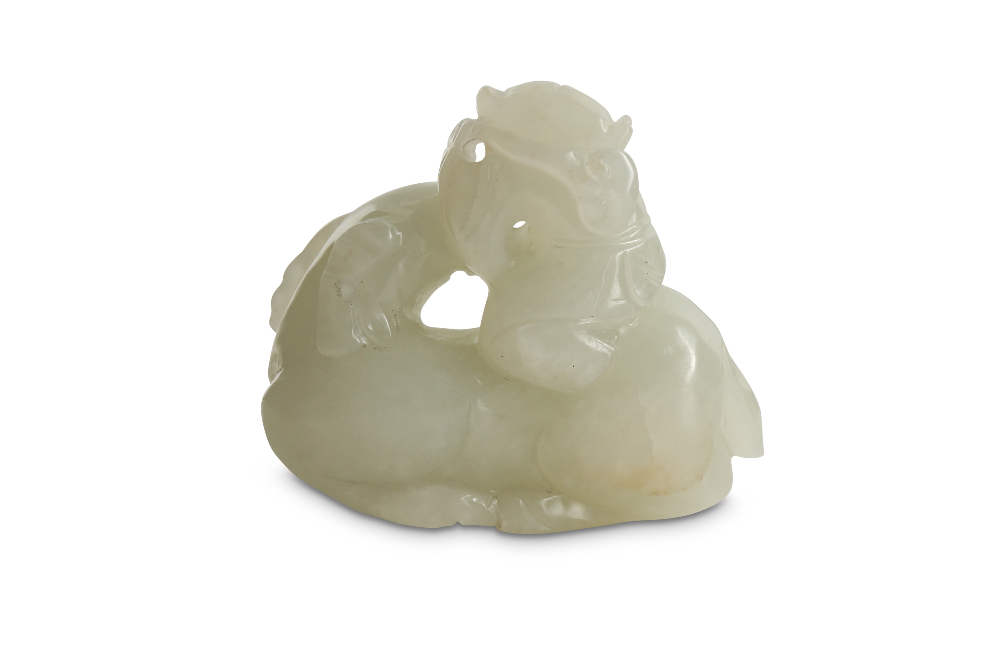 A CHINESE WHITE JADE 'BOY AND RAM' CARVING. - Image 2 of 2