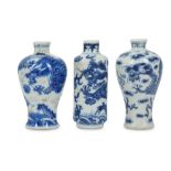 THREE CHINESE BLUE AND WHITE MINIATURE 'DRAGON' VASES.