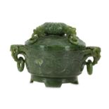 A CHINESE SPINACH JADE 'BLOSSOMS' INCENSE BURNER AND COVER.