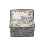 A CHINESE CANTON ENAMEL FAMILLE ROSE 'LADIES AND BOY' BOX AND COVER.