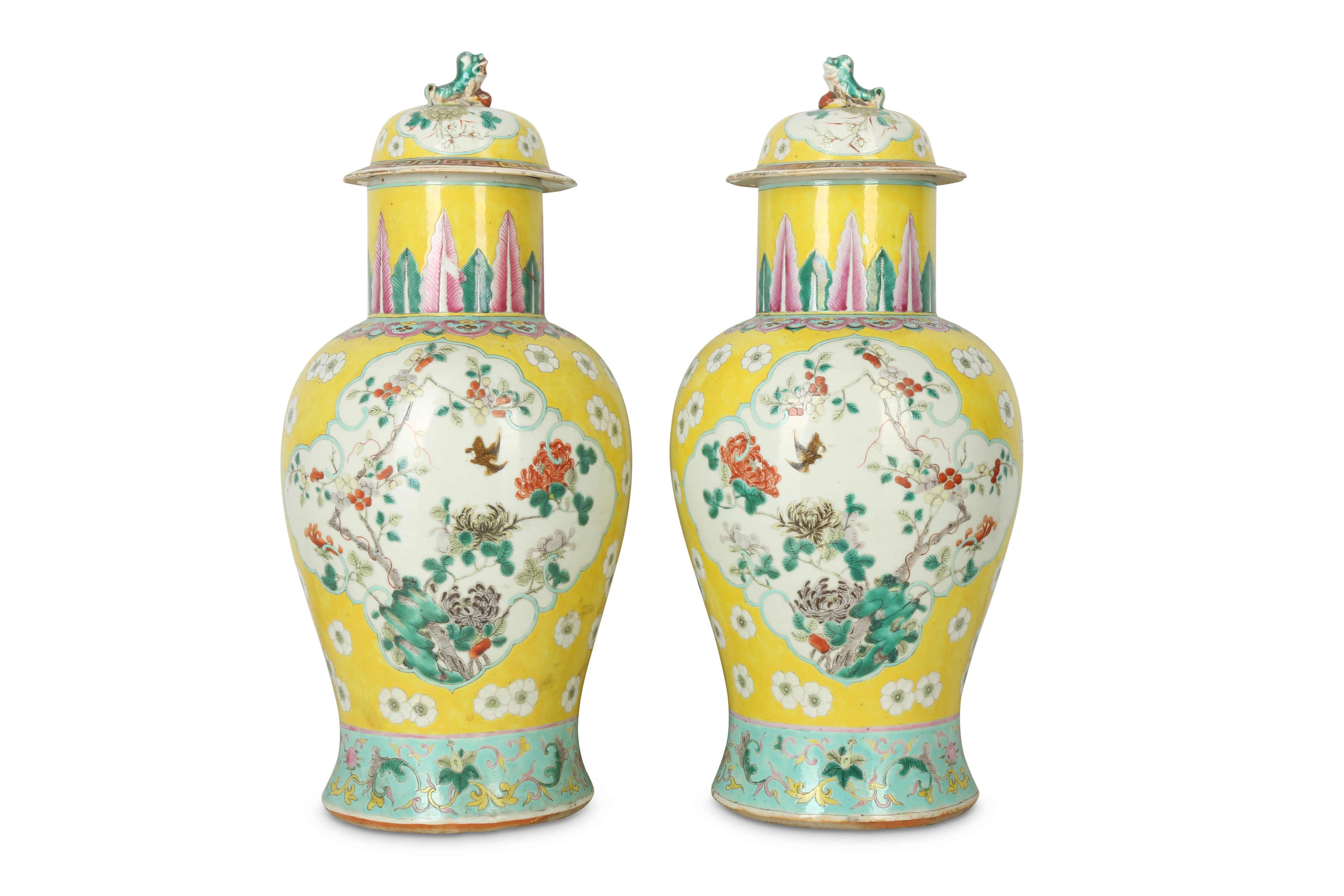 A PAIR OF CHINESE FAMILLE ROSE YELLOW-GROUND BALUSTER VASES AND COVERS. - Image 2 of 2