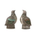 A PAIR OF CHINESE CORAL AND HARDSTONE -INSET WHITE METAL 'QUAIL' SNUFF BOTTLES.