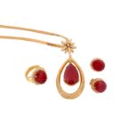A treated ruby and diamond necklace, earclips and ring suite