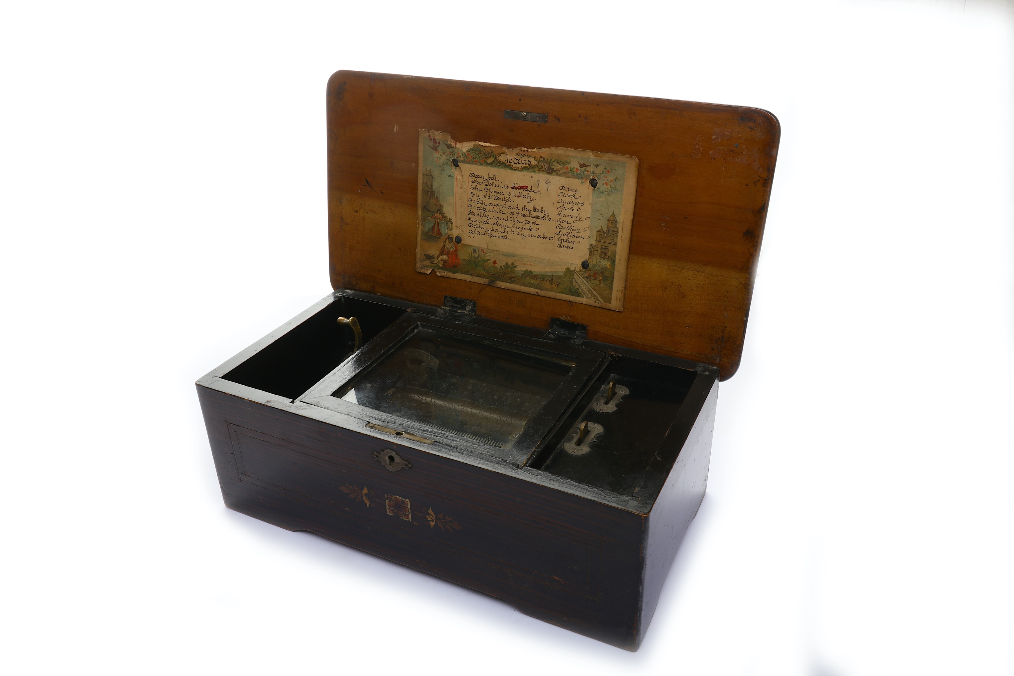 A late 19th century Swiss musical box, with an inlaid walnut and faux rosewood case, interior of lid