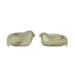 A pair of Chinese pale celadon jade 'quail' boxes and covers.