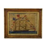 SAILOR MADE WOOLWORK EMBROIDERY OF A BRITISH SHIP-OF-THE-LINE (C.19TH CENTURY)