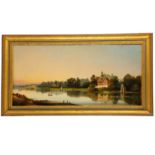 BRITISH SCHOOL (early 19th century) Panoramic view along the river Oil on canvas 14 x 22 in (