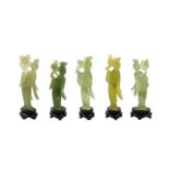 A set of five Chinese hardstone carvings of immortal maidens.