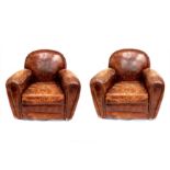 A pair of late 20th century French Art Deco style brown leather upholstered club chairs