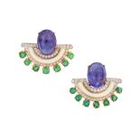 A pair of enamel, emerald, tanzanite and diamond earrings