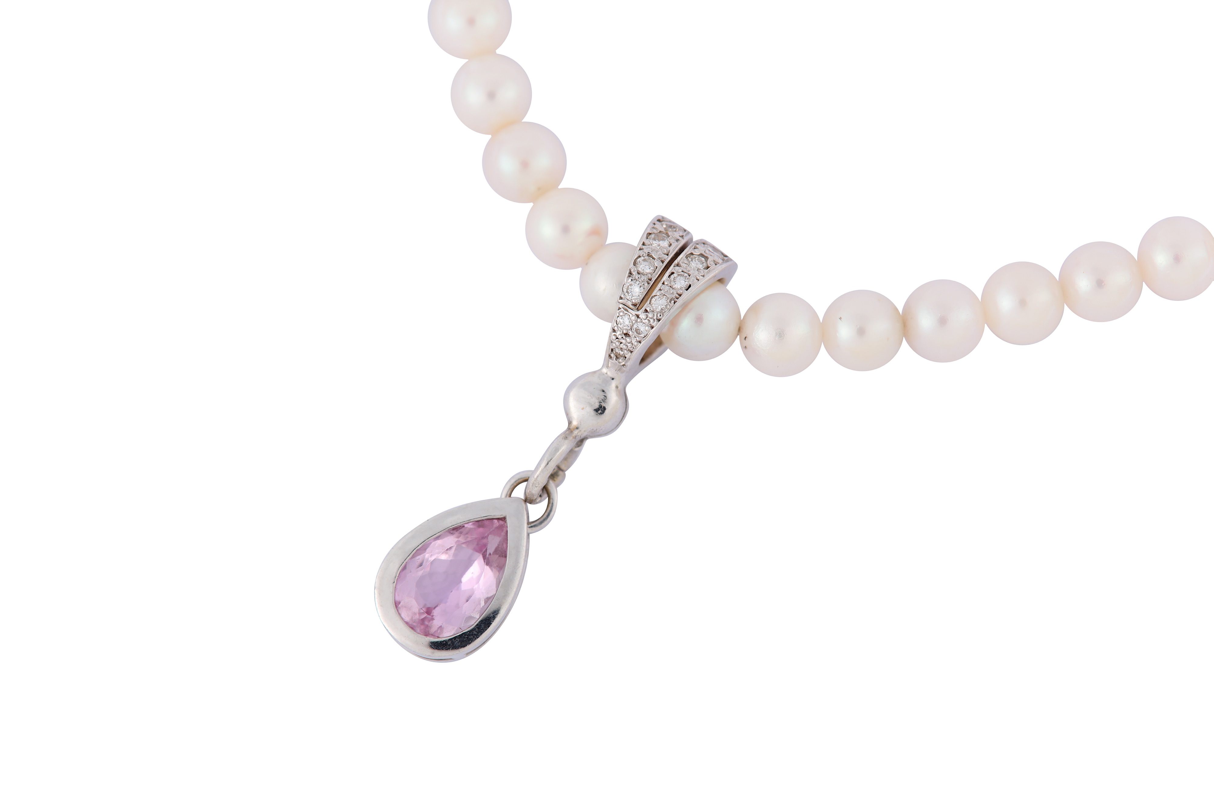 A cultured pearl, pink topaz and diamond pendent necklace