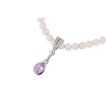 A cultured pearl, pink topaz and diamond pendent necklace