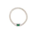 A cultured pearl necklace and bracelet suite with jade and diamond clasps, circa 1950