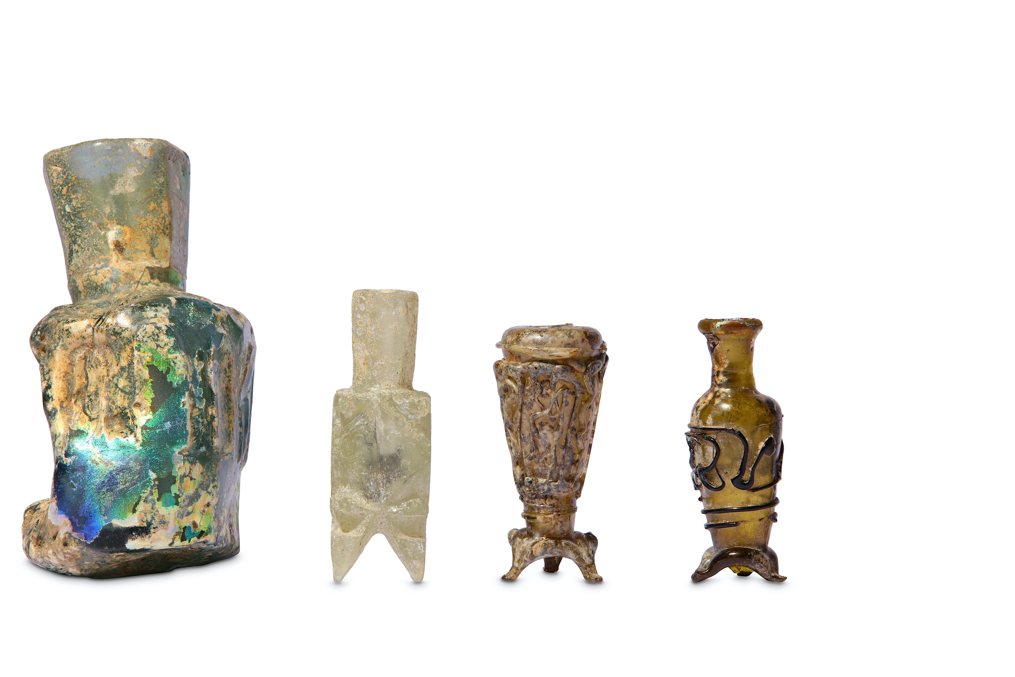 * FOUR SMALL EARLY ISLAMIC GLASS OINTMENT FLASKS AND A MISFIRED BOTTLE - Image 5 of 6