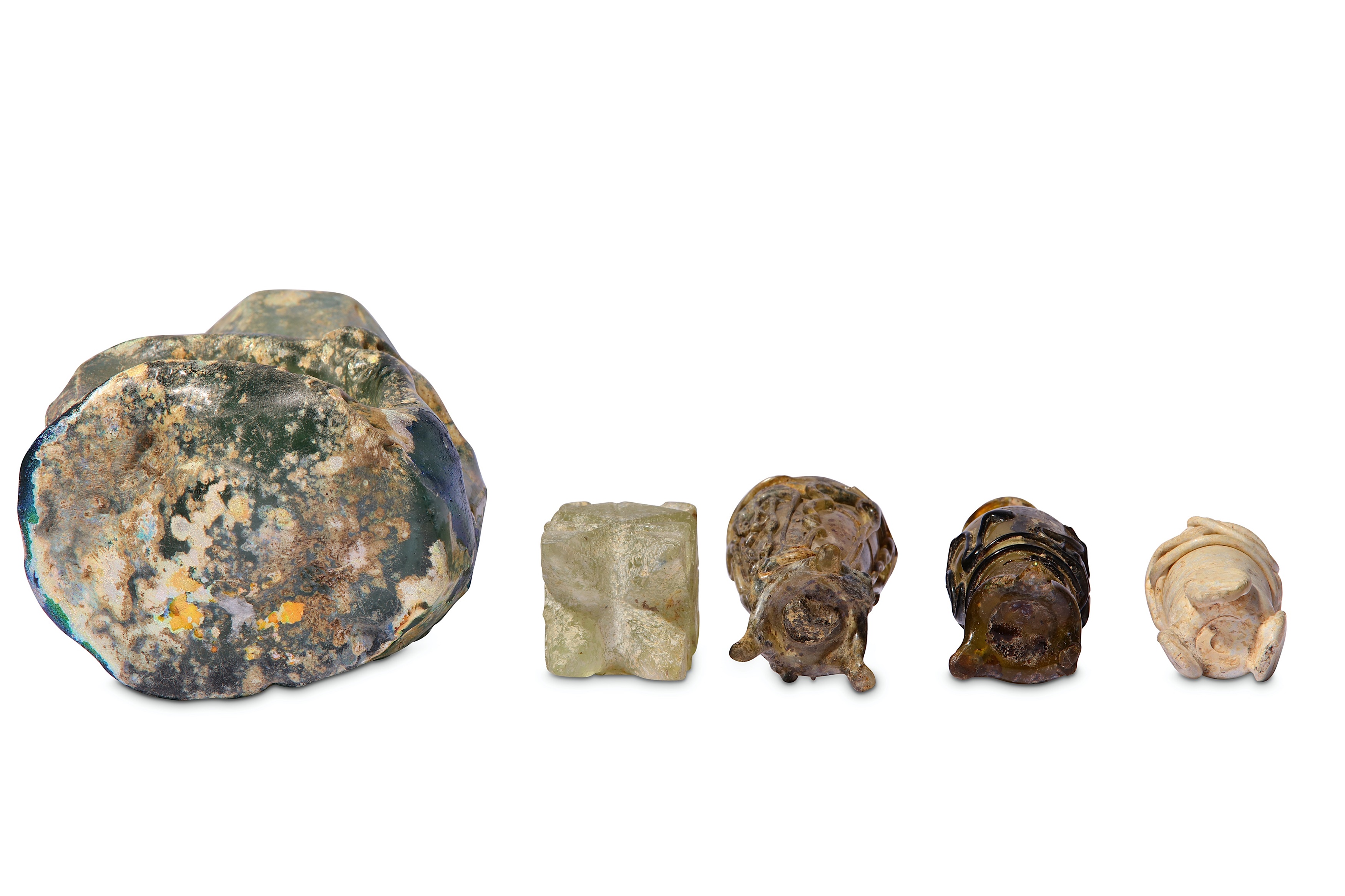 * FOUR SMALL EARLY ISLAMIC GLASS OINTMENT FLASKS AND A MISFIRED BOTTLE - Image 6 of 6