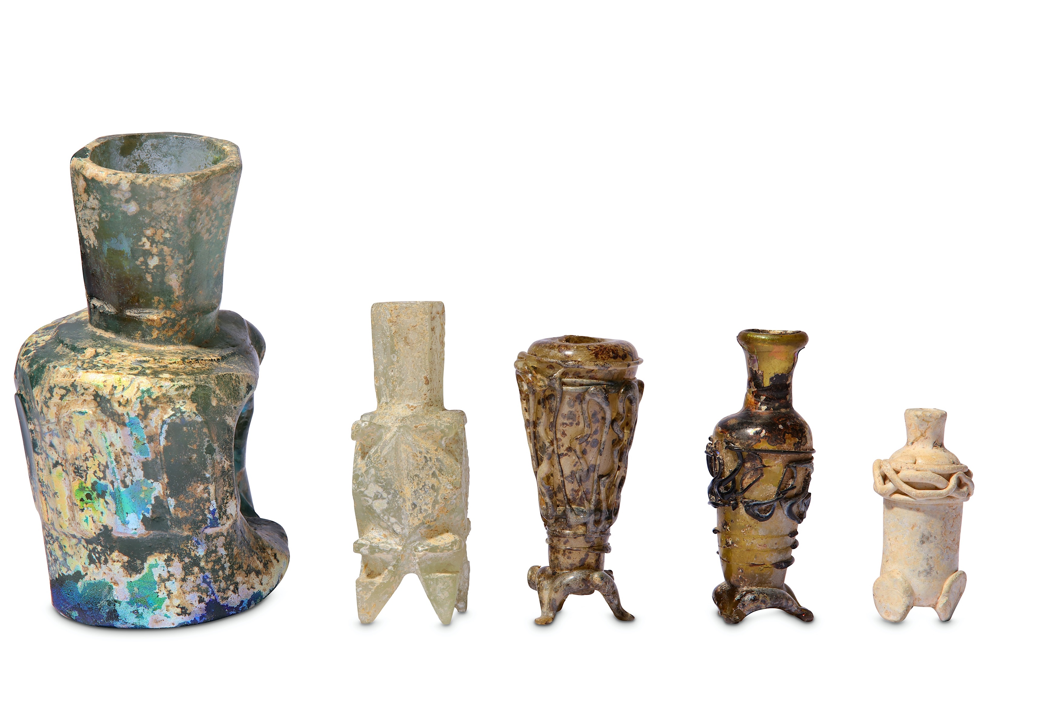 * FOUR SMALL EARLY ISLAMIC GLASS OINTMENT FLASKS AND A MISFIRED BOTTLE - Image 3 of 6