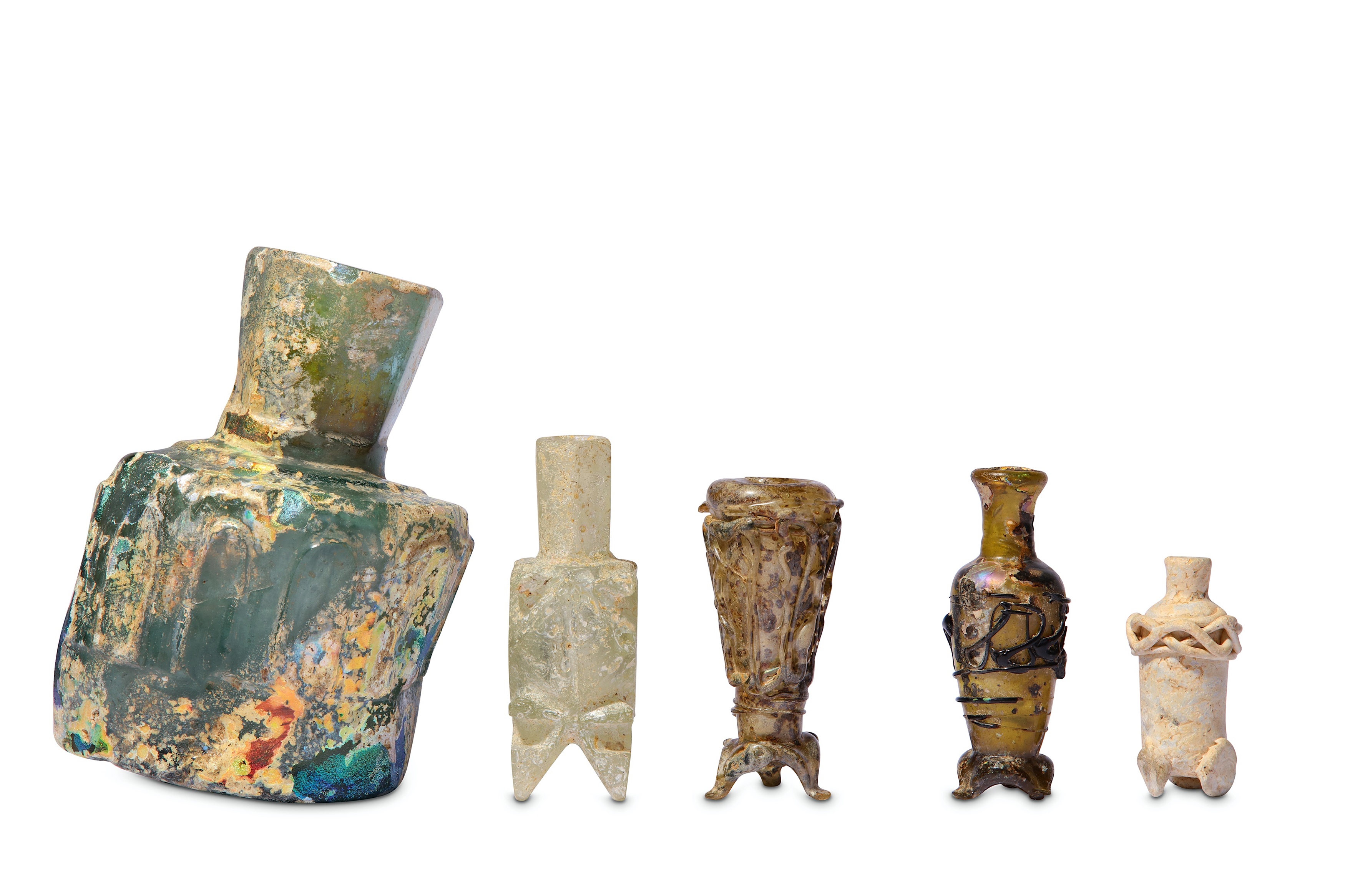 * FOUR SMALL EARLY ISLAMIC GLASS OINTMENT FLASKS AND A MISFIRED BOTTLE - Image 4 of 6