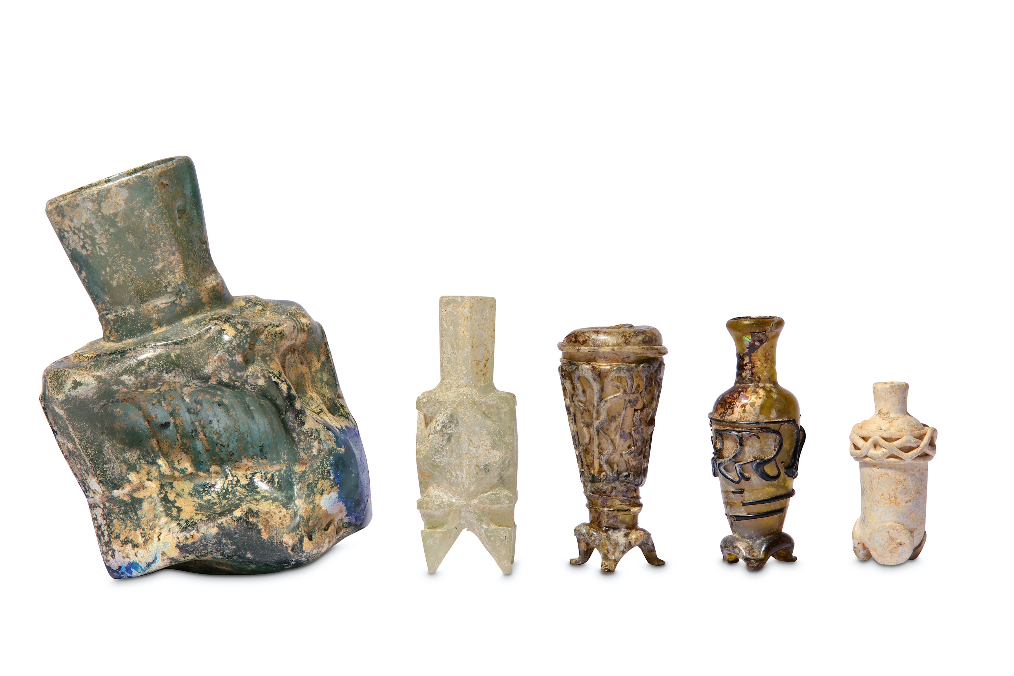 * FOUR SMALL EARLY ISLAMIC GLASS OINTMENT FLASKS AND A MISFIRED BOTTLE - Image 2 of 6