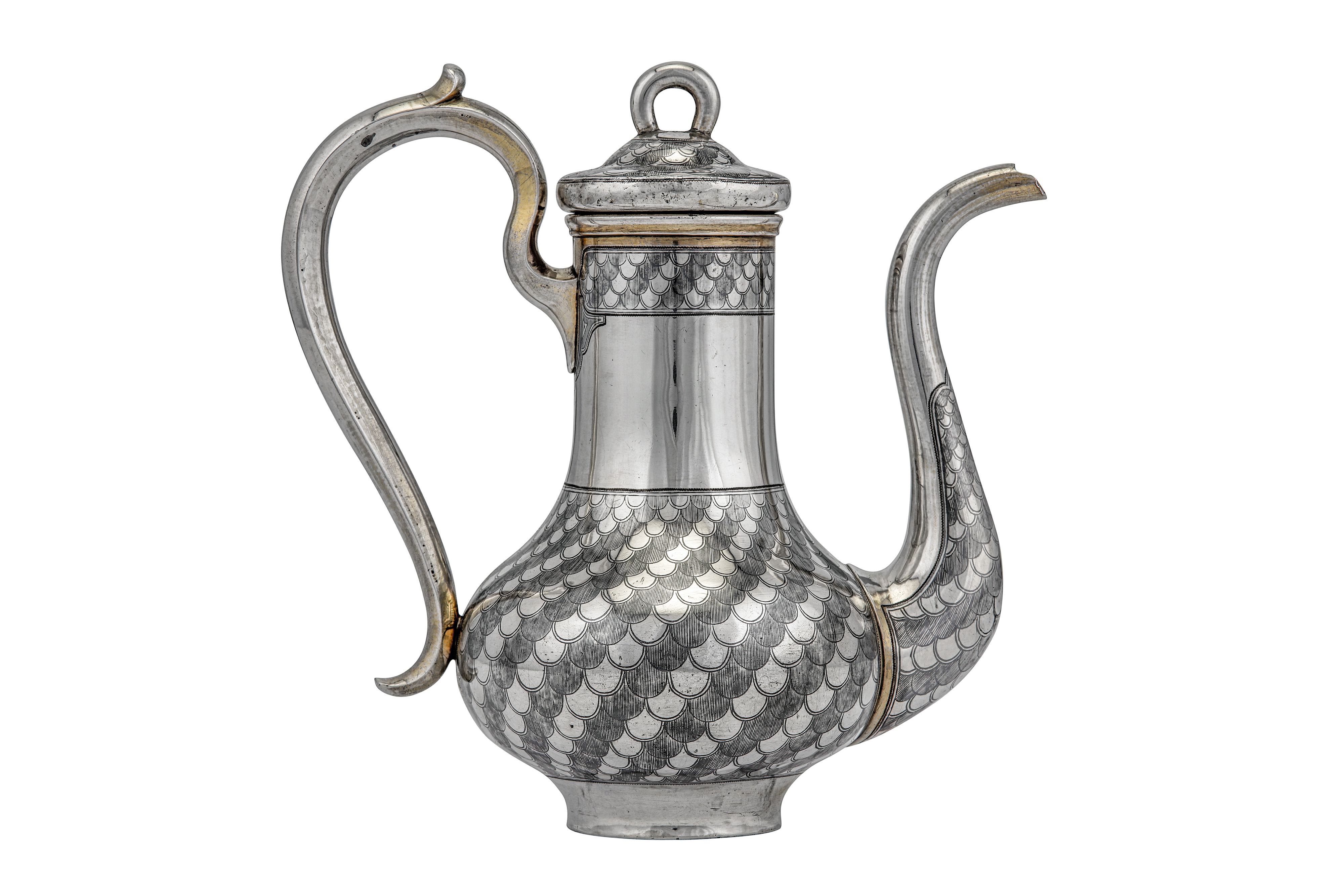 An Alexander II Russian 84 Zolotnik (875 standard) parcel gilt silver and niello bachelor coffee