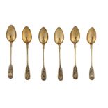 A set of six Alexander III Russian parcel gilt 84 zolotnik (875 standard) silver teaspoons, Moscow