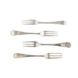 A matched set of four George II/III sterling silver table forks, mostly by Issac Callard (reg. 7th