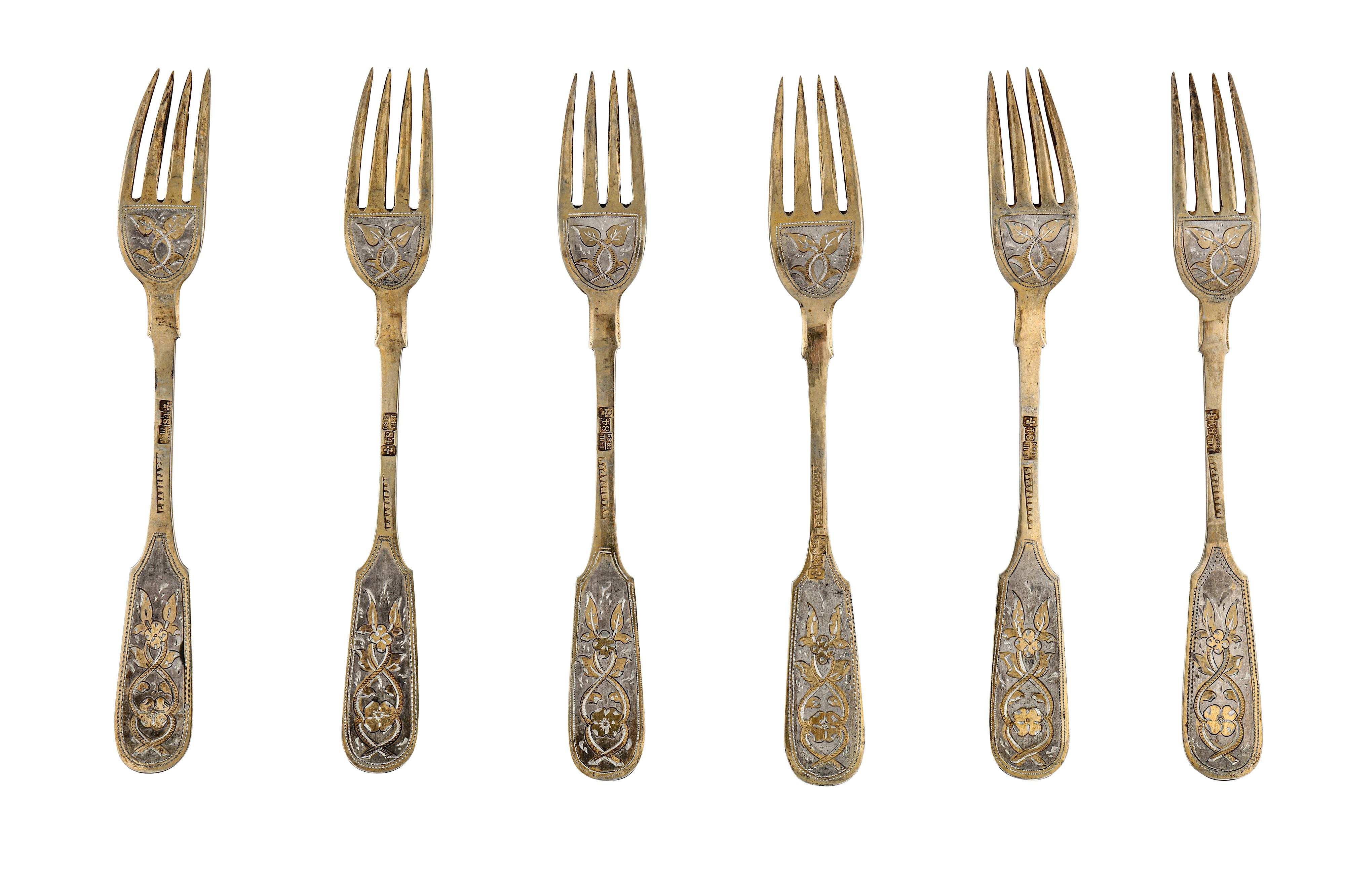 A set of six Alexander III Russian provincial parcel gilt 84 zolotnik (875 standard) dessert forks, - Image 2 of 2