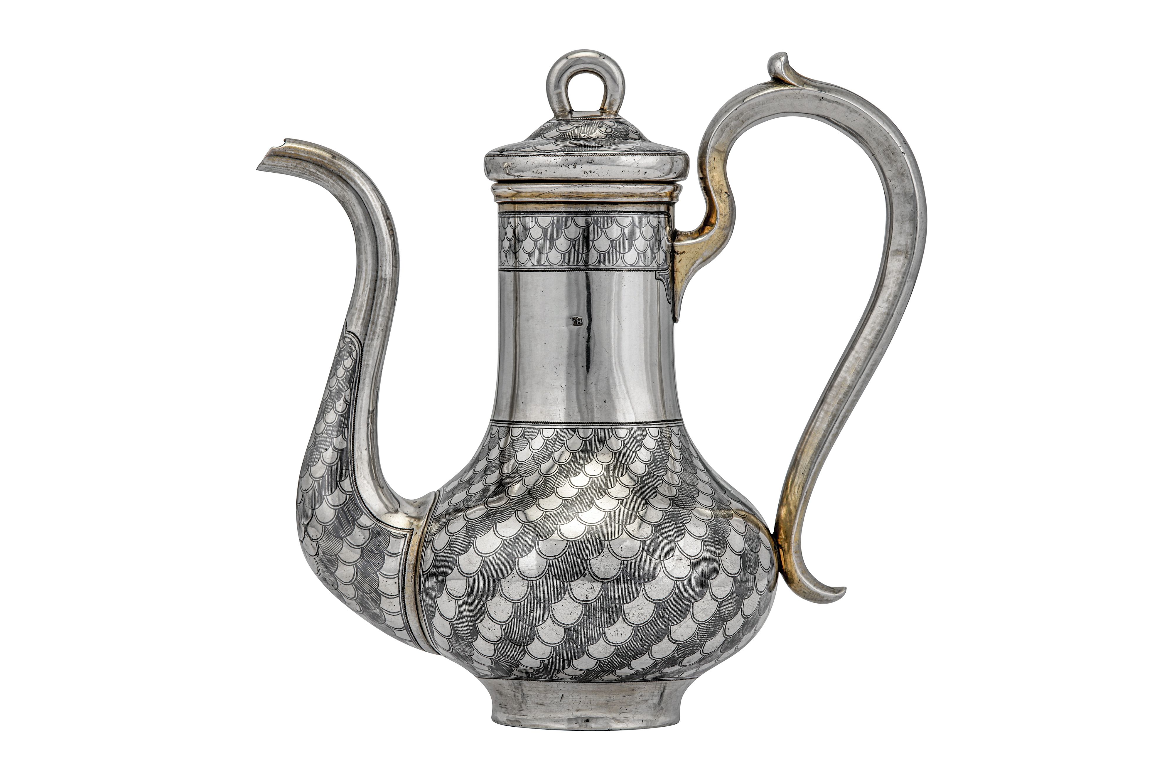 An Alexander II Russian 84 Zolotnik (875 standard) parcel gilt silver and niello bachelor coffee - Image 2 of 5